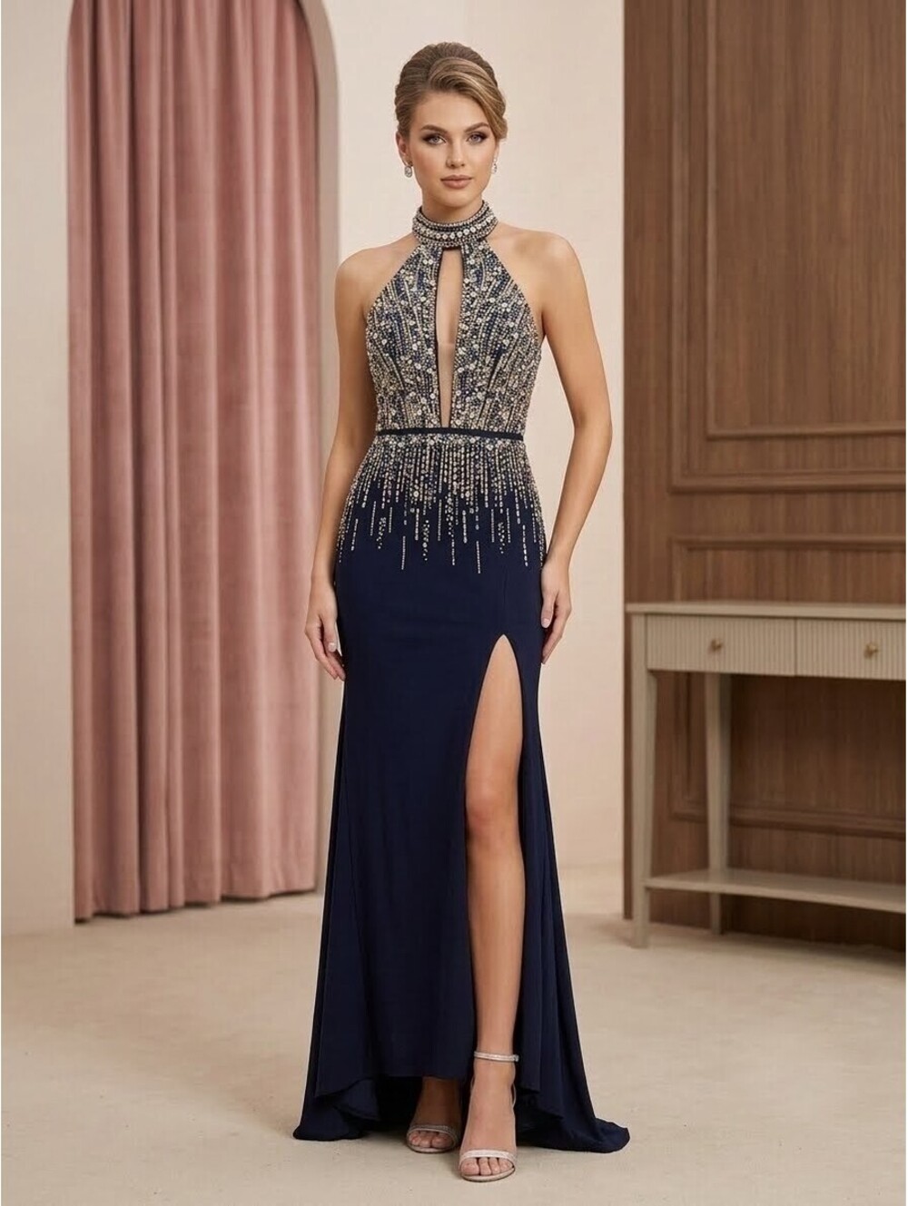 Navy Blue Silver Beaded Halter KeyHole Slit Dress Hourglass Low Back Gown Size 4